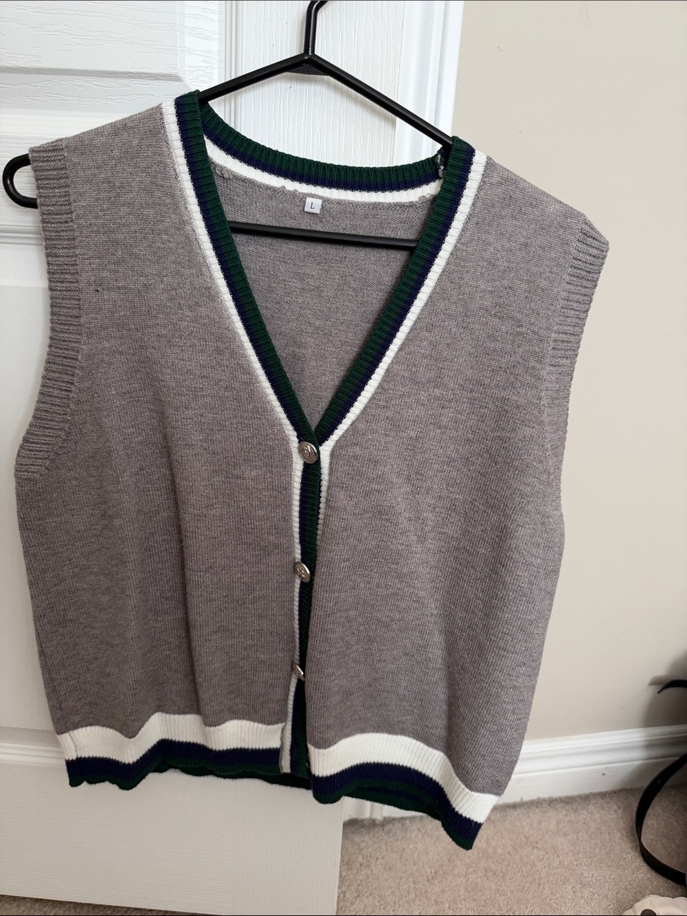 Men's Grey Knit Button Vest with Green & White Trim